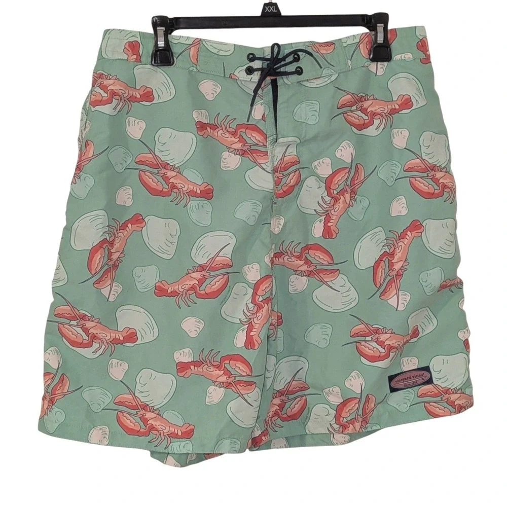 Vineyard Vines Men Large Lobster Shell Print Board Shorts Swim Trunks Mint Green